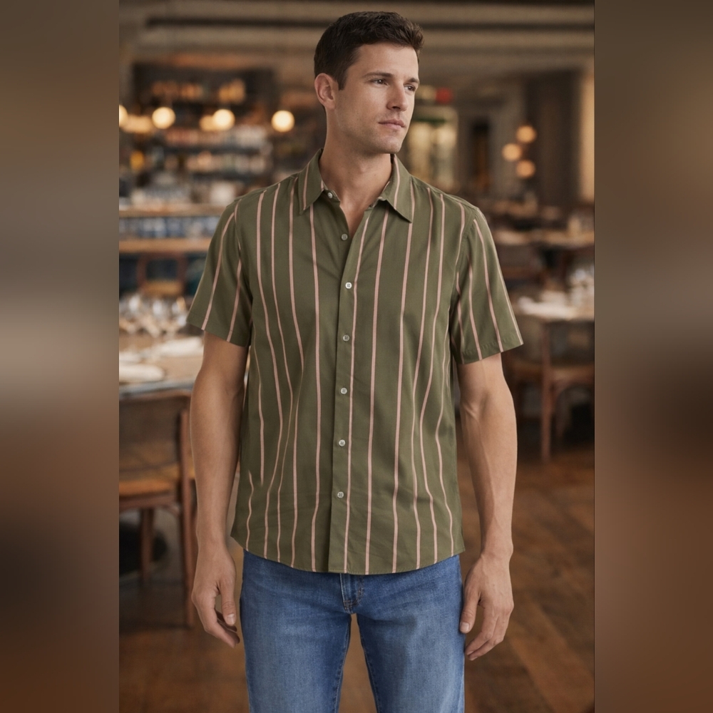 Joe's Jeans Olive Green Striped Camp Shirt NWT. Size XXL